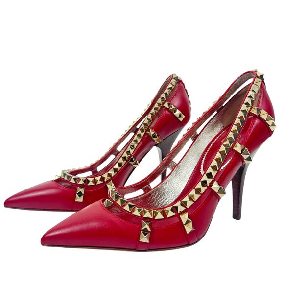 NEW Valentino Garavani Rockstud Leather Pumps Red Pointed Toe Size IT37/US7 - Picture 2 of 8